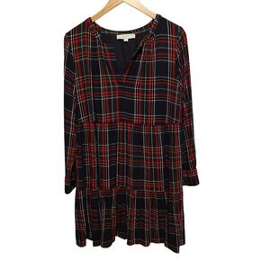 LOFT Womens Size M Red Black Green Plaid Dress Tiered A Line Dress V Neck Knee
